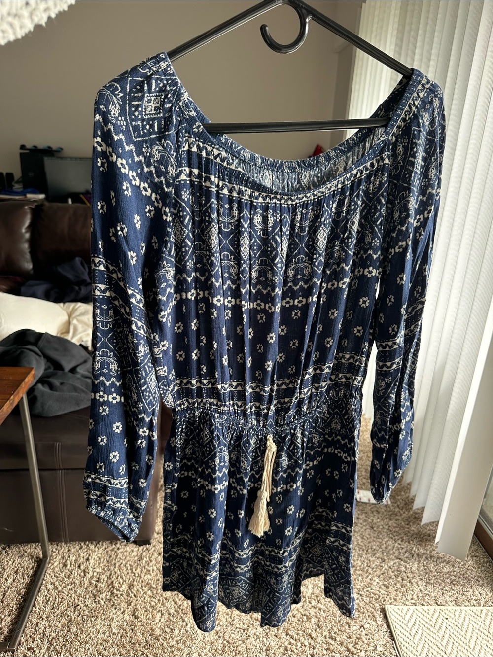 Navy Blue Printed Boho Long-Sleeve Romper with Tassel Tie